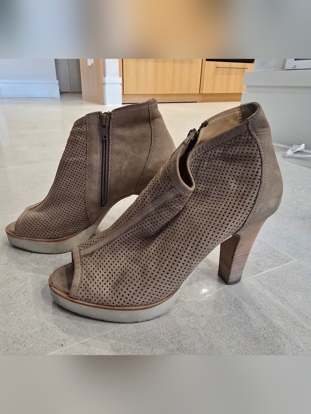 Paul Green Taupe Perforated Open-Toe Heeled Booties - SIZE 8